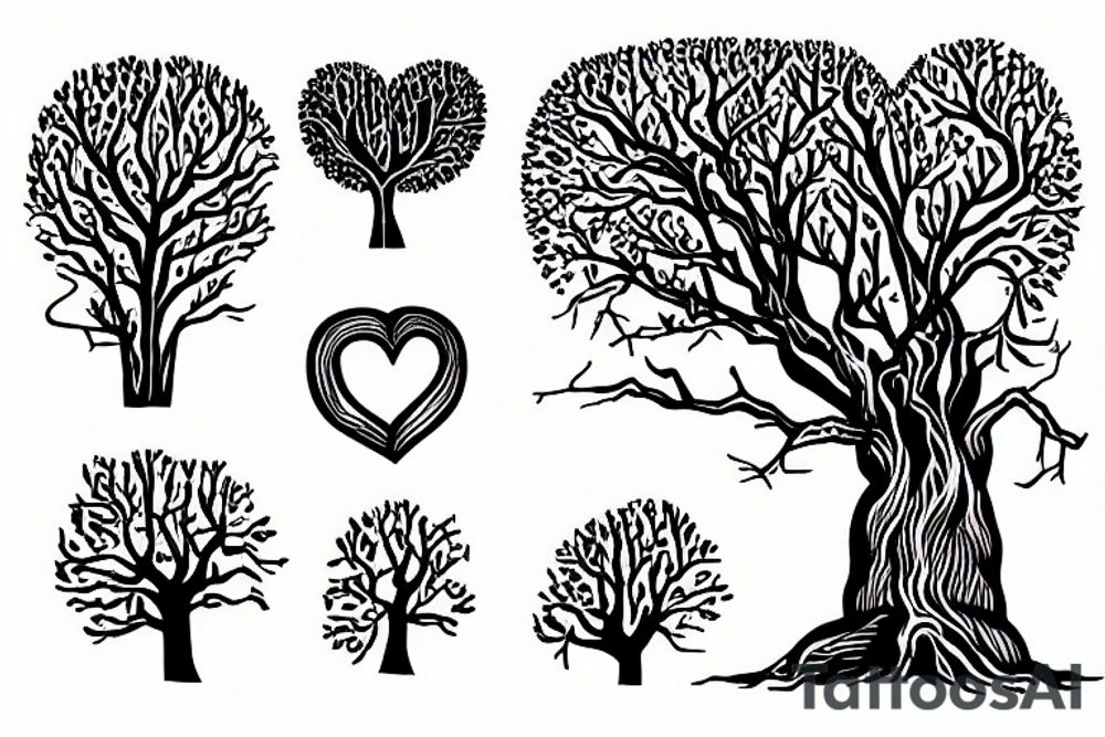 A tree with the trunk having the quote "no all who wander are lost", the roots having a W symbol and a technology symbol, and the branches having a heart and a spark tattoo idea