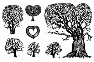 A tree with the trunk having the quote "no all who wander are lost", the roots having a W symbol and a technology symbol, and the branches having a heart and a spark tattoo idea