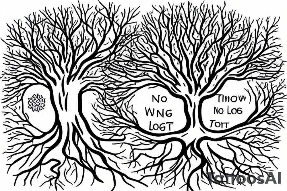 A tree with the trunk having the quote "no all who wander are lost", the roots having a W symbol and a technology symbol, and the branches having a heart and a spark tattoo idea
