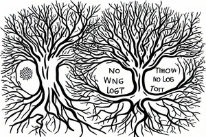 A tree with the trunk having the quote "no all who wander are lost", the roots having a W symbol and a technology symbol, and the branches having a heart and a spark tattoo idea