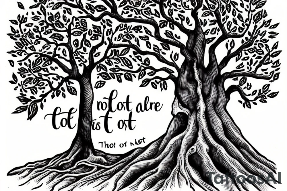 trunk of a tree with the quote "not all those who wander are lost tattoo idea