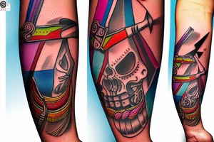 Indian tomahawk with colourful bands and ingravings tattoo idea