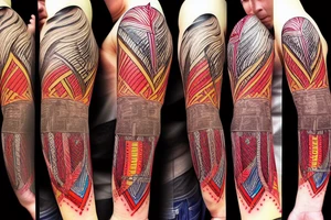 Indian tomahawk with colourful bands and ingravings tattoo idea