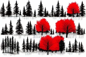 red trees in forest and a small house made of cedar and pine at the edge tattoo idea