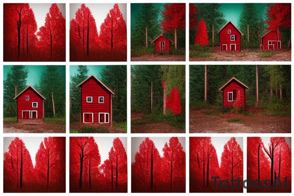 red trees in forest and a small house made of cedar and pine at the edge tattoo idea