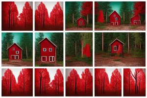 red trees in forest and a small house made of cedar and pine at the edge tattoo idea