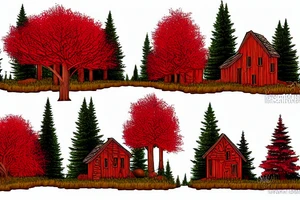 red trees in forest and a small house made of cedar and pine at the edge tattoo idea