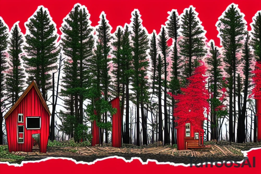 red trees in forest and a small house made of cedar and pine at the edge tattoo idea