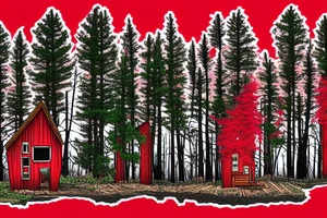 red trees in forest and a small house made of cedar and pine at the edge tattoo idea