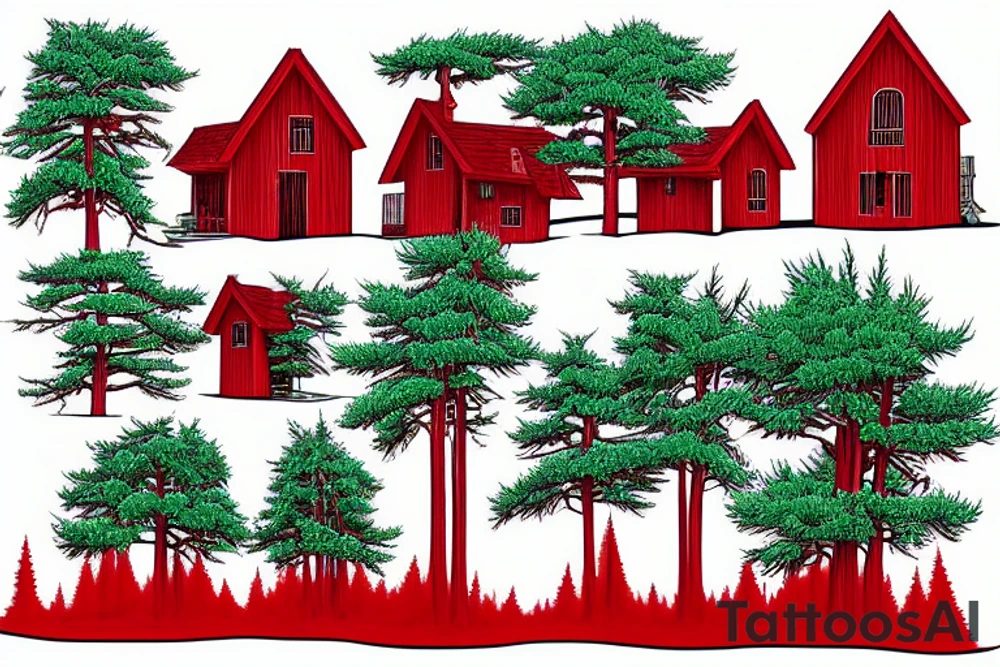 small cedar and pine house at the edge of a red forest tattoo idea