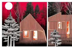 small cedar and pine house at the edge of a red forest tattoo idea