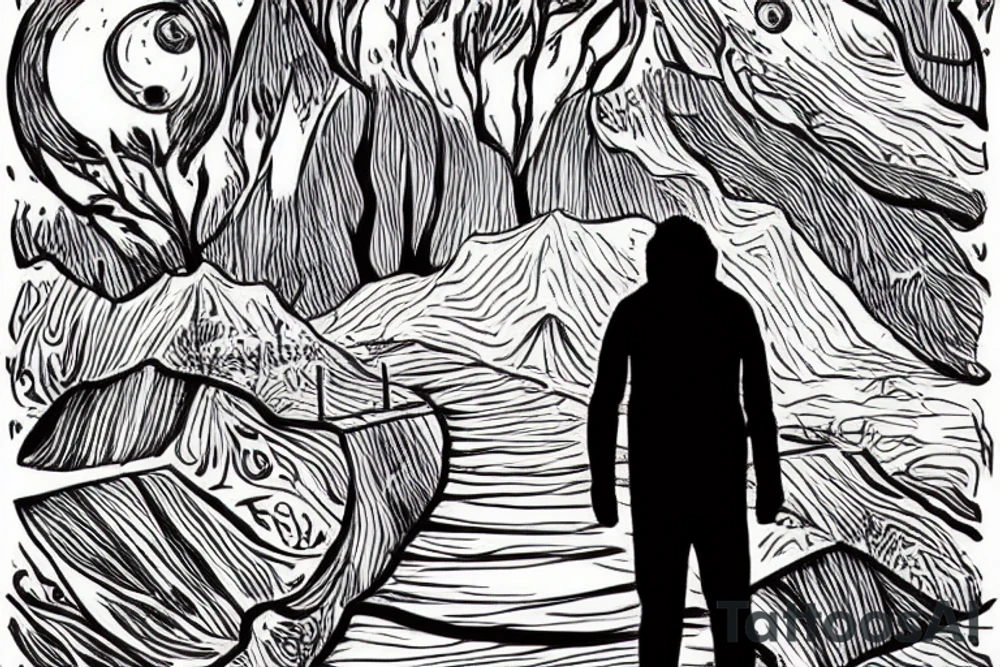 A wanderer seen from behind gazing into the distance. In the distance you can see a shimering light. This is the place the wanderer have been looking for his whole life and through all his journeys. And now he can see his goal lie ahead in tve distance tattoo idea