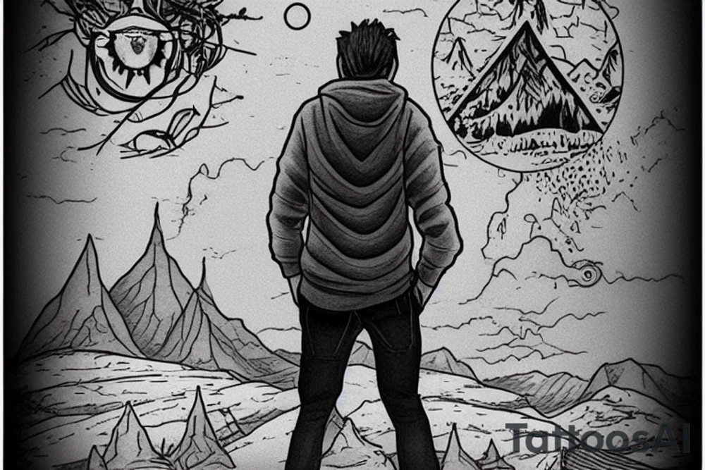 A wanderer seen from behind gazing into the distance. In the distance you can see a shimering light. This is the place the wanderer have been looking for his whole life and through all his journeys. And now he can see his goal lie ahead in tve distance tattoo idea
