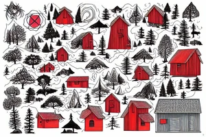 small cedar house at the edge of a red forest tattoo idea