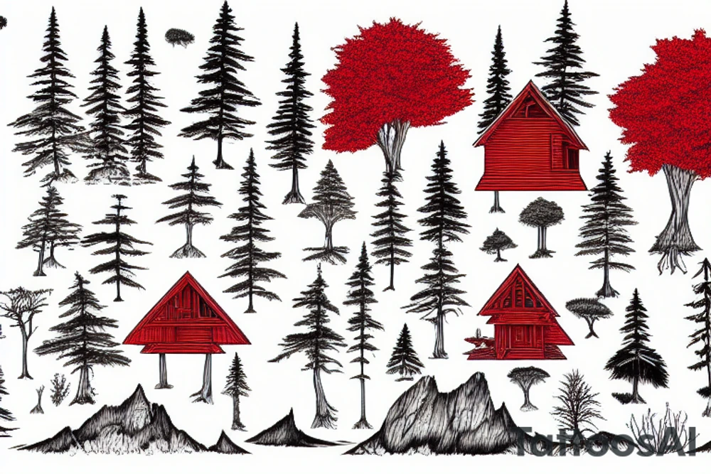 small cedar house at the edge of a red forest tattoo idea