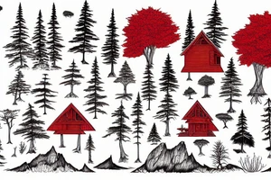 small cedar house at the edge of a red forest tattoo idea