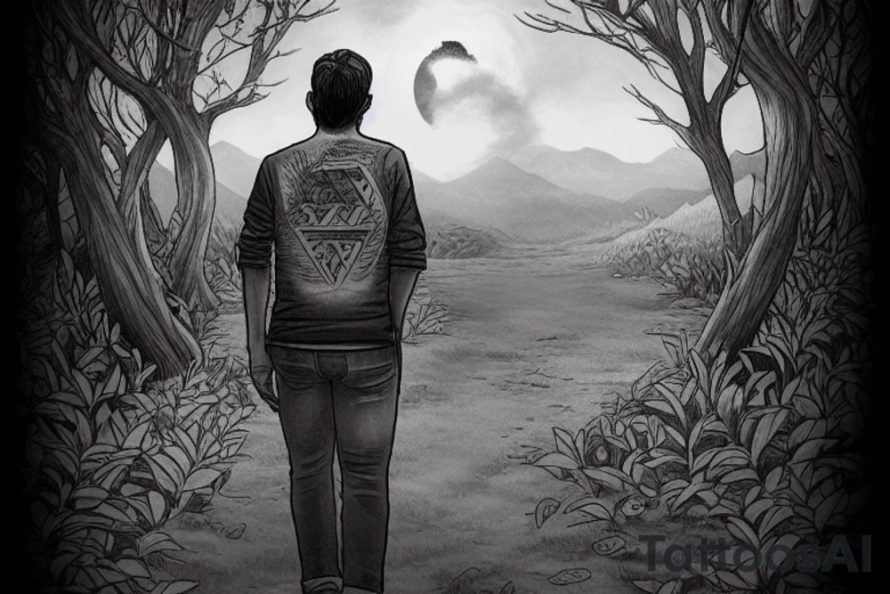 A wanderer seen from behind gazing into the distance. In the distance you can see a shimering light. This is the place the wanderer have been looking for his whole life and through all his journeys. And now he can see his goal lie ahead in tve distance tattoo idea