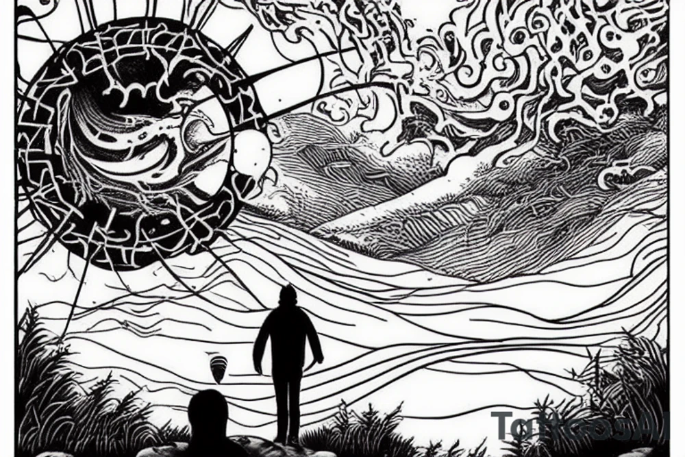 A wanderer seen from behind gazing into the distance. In the distance you can see a shimering light. This is the place the wanderer have been looking for his whole life and through all his journeys. And now he can see his goal lie ahead in the distance tattoo idea