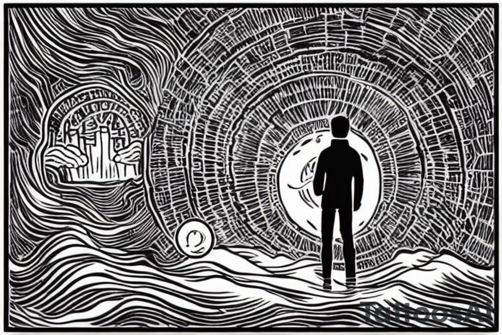 A wanderer seen from behind gazing into the distance. In the distance you can see a shimering light. This is the place the wanderer have been looking for his whole life and through all his journeys. And now he can see his goal lie ahead in the distance tattoo idea