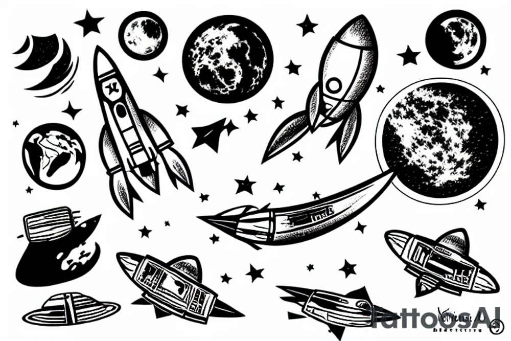 Rocket landed in the moon,  the earth in the background tattoo idea