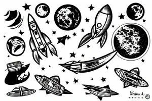 Rocket landed in the moon,  the earth in the background tattoo idea