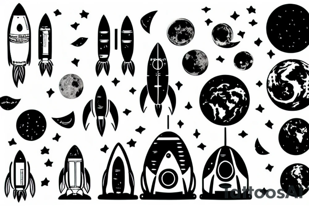 Rocket landed in the moon,  the earth in the background tattoo idea