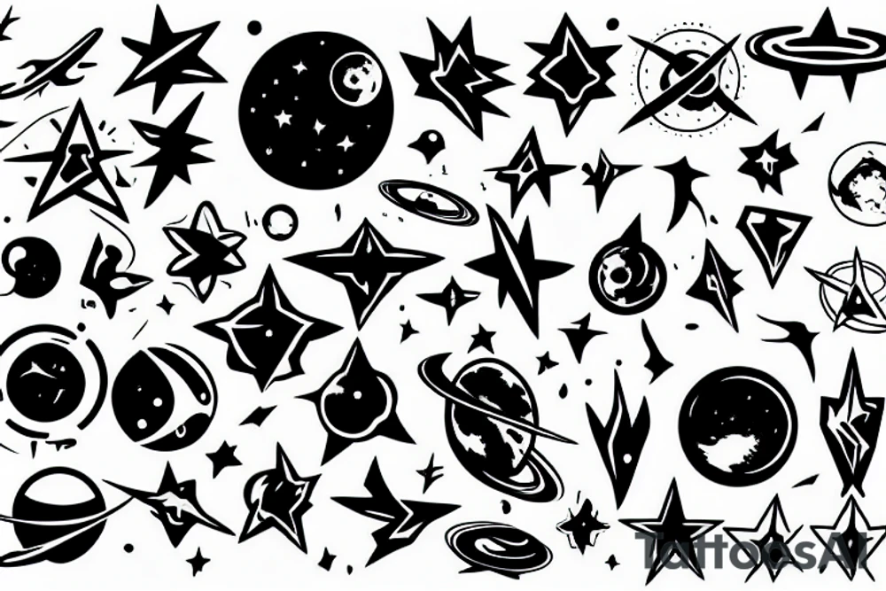 A minimal tattoo resembling space, alien, stars, or a spaceship. tattoo idea