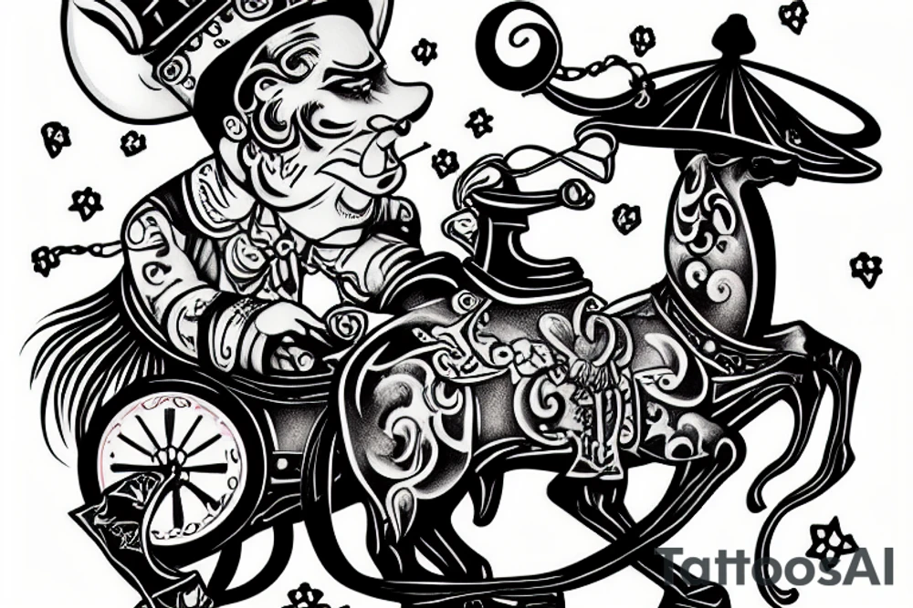 Drunk jester holding a bottle of jack daniels while sitting on a carousel horse tattoo idea