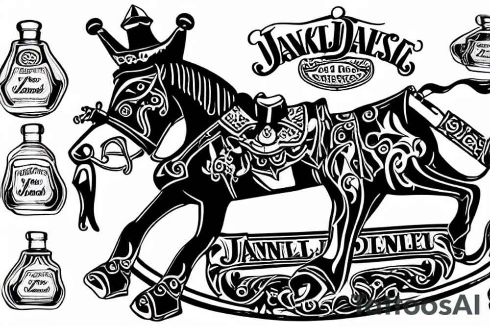 Drunk jester holding a bottle of jack daniels while sitting on a carousel horse tattoo idea