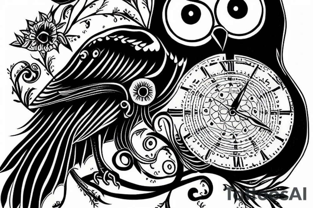 Black owl fliying with a sand clock tattoo idea
