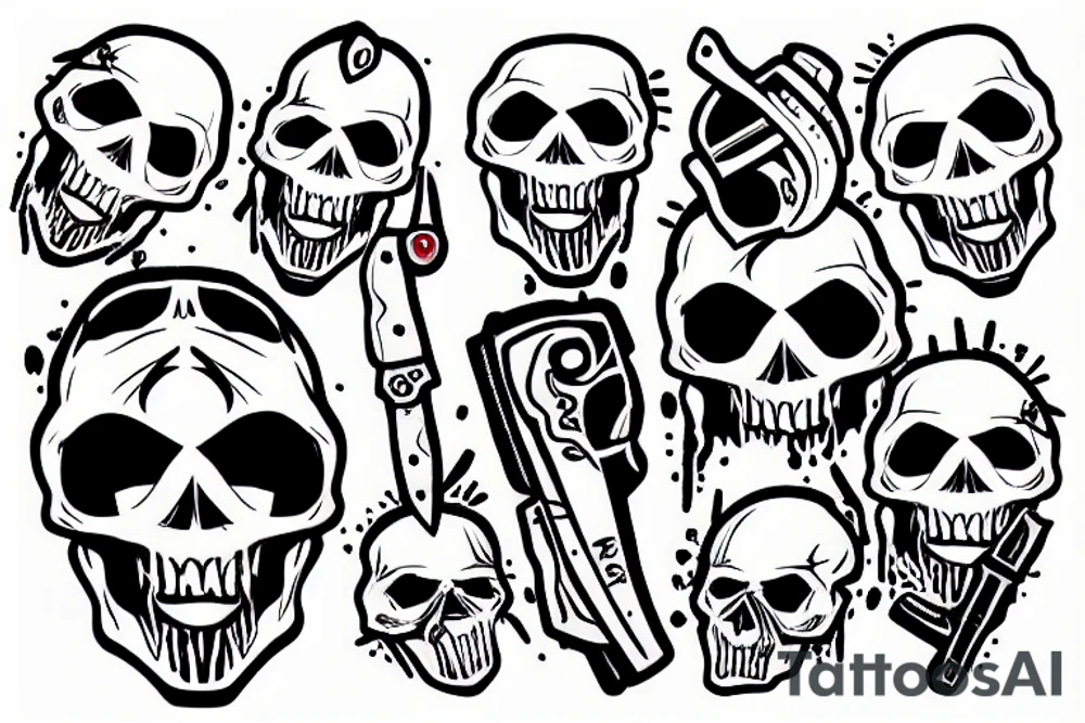 skull with a knife in its mouth, blood in its eyes and cross-crossed pistols tattoo idea
