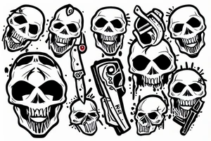 skull with a knife in its mouth, blood in its eyes and cross-crossed pistols tattoo idea