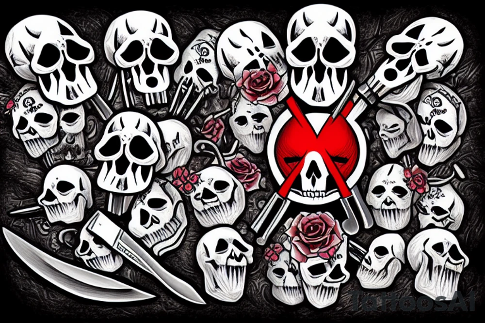 skull with a knife in its mouth, blood in its eyes and cross-crossed pistols tattoo idea