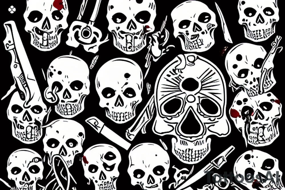 skull with a knife in its mouth, blood in its eyes and cross-crossed pistols tattoo idea