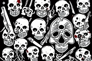 skull with a knife in its mouth, blood in its eyes and cross-crossed pistols tattoo idea