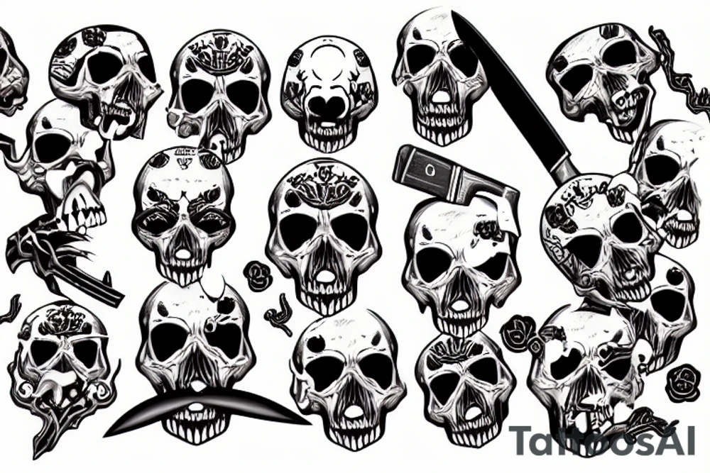 skull with a knife in its mouth, blood in its eyes and cross-crossed pistols tattoo idea