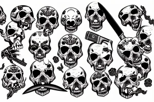 skull with a knife in its mouth, blood in its eyes and cross-crossed pistols tattoo idea