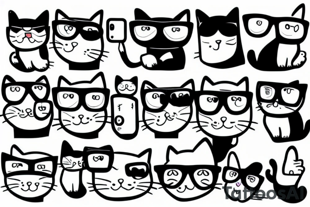 Cat with a phone and glasses tattoo idea