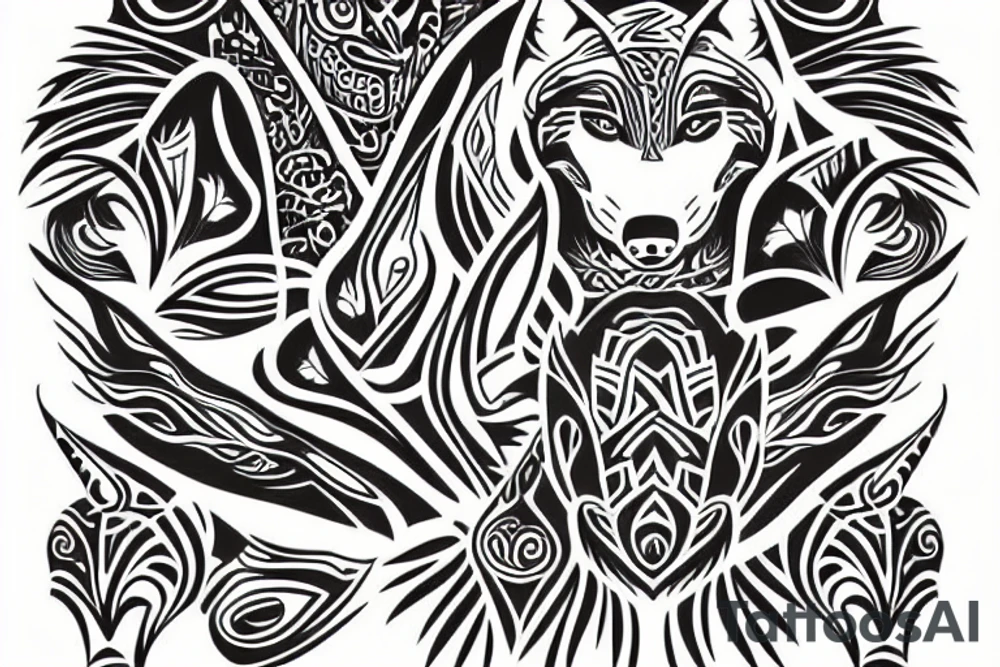 wolf in centre of polynesian curves tattoo idea