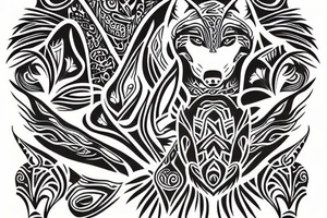 wolf in centre of polynesian curves tattoo idea