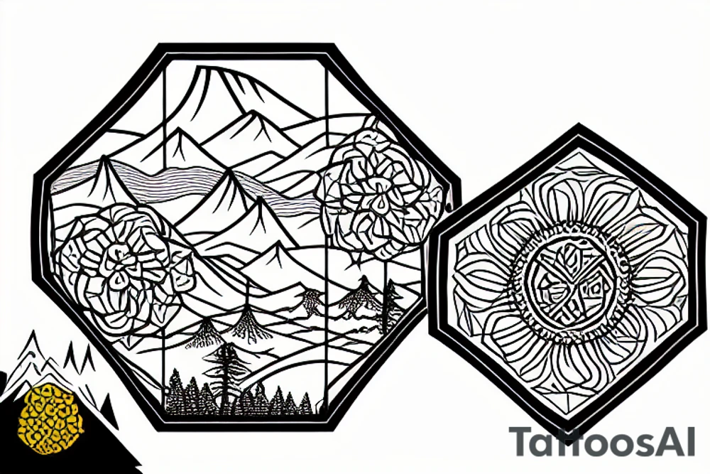 Hexagon picture frame with a mountain vista and beautiful sunset, running trail, field of roses. tattoo idea