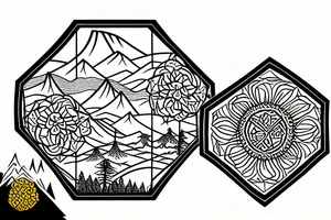 Hexagon picture frame with a mountain vista and beautiful sunset, running trail, field of roses. tattoo idea