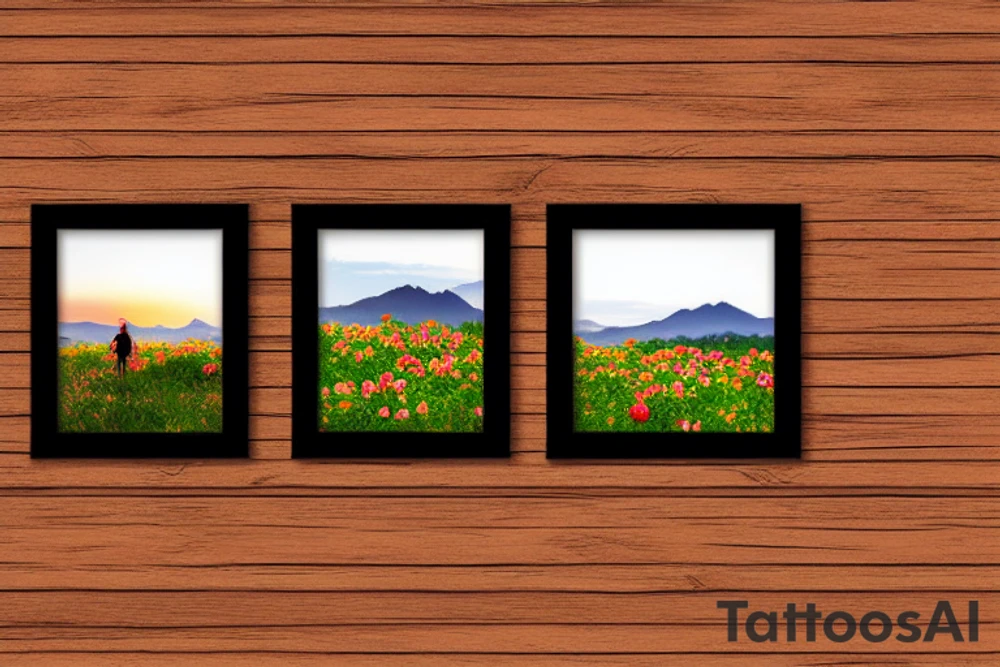 Hexagon picture frame with a mountain vista and beautiful sunset, running trail, field of roses. tattoo idea