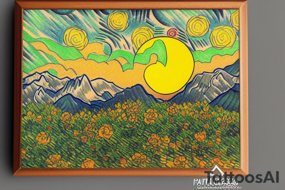 Hexagon picture frame with a mountain vista and beautiful sunset, running trail, field of roses. tattoo idea