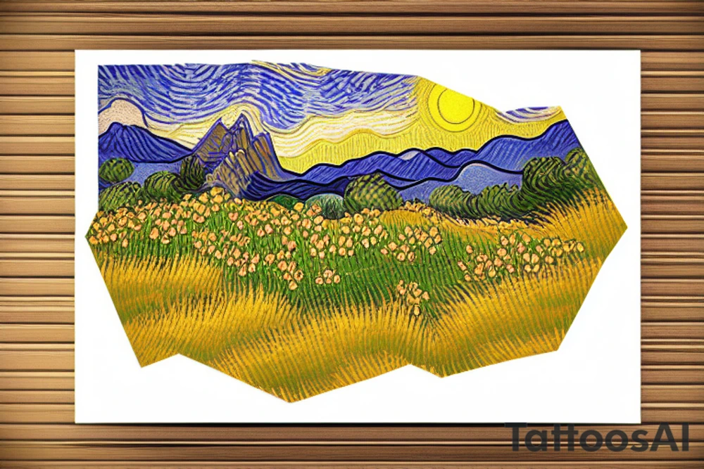 Hexagon picture frame with a mountain vista and beautiful sunset, running trail, field of roses. tattoo idea
