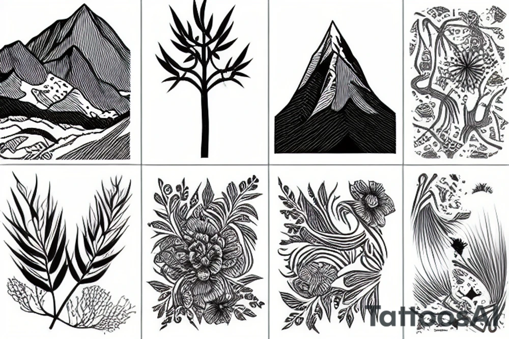 New Zealand and Pacific Northwest mountains and flora tattoo idea