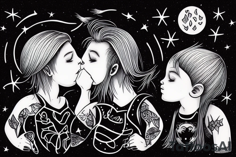 Girl & Boy kissing each other in a dark moonlight. tattoo idea