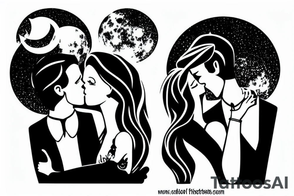 Girlfriend & boyfriend kissing each other in the dark moonlight. tattoo idea