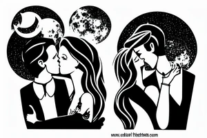 Girlfriend & boyfriend kissing each other in the dark moonlight. tattoo idea