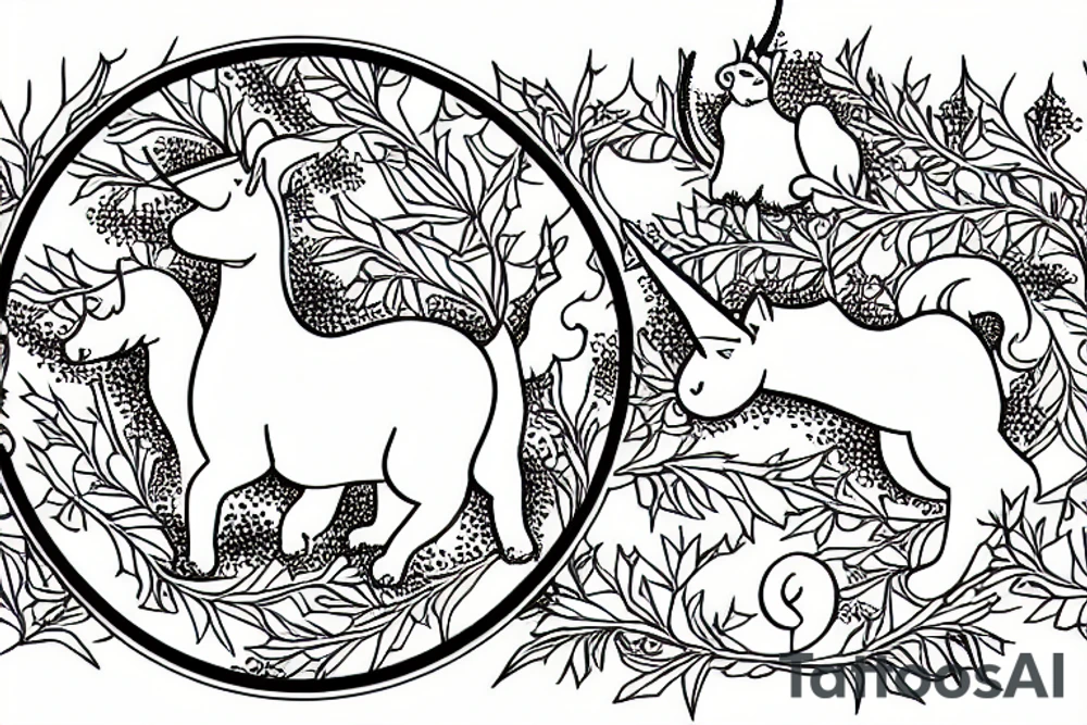 Cat and unicorn under a holly in a round cornelian frame. tattoo idea